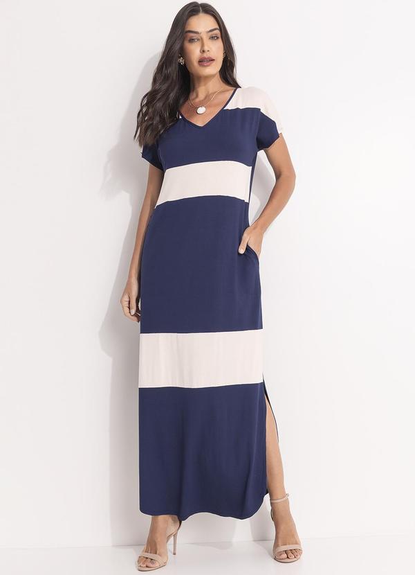 Vestido Listrado Longo Soltinho com Fenda