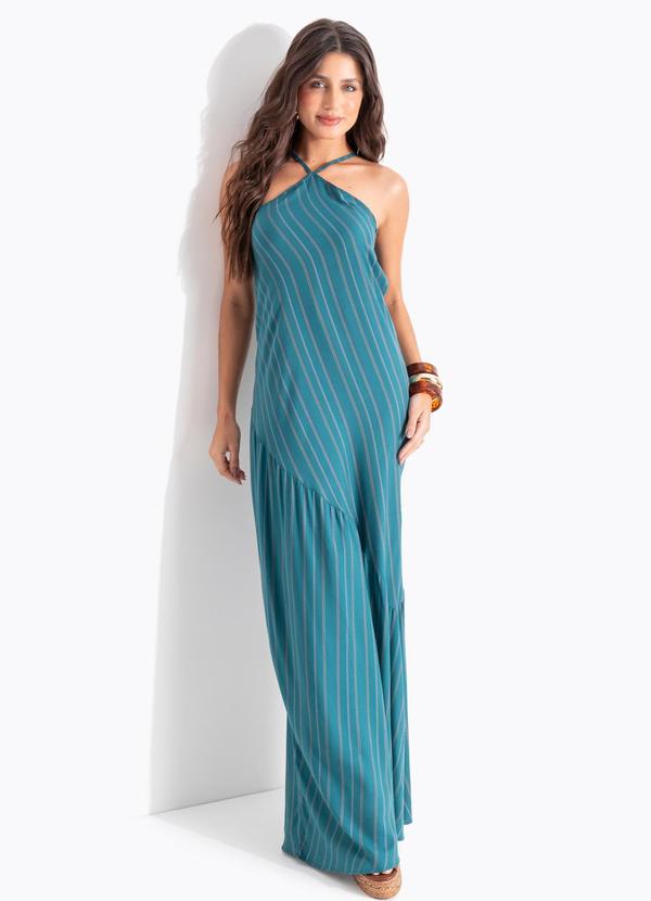 Vestido Listrado Verde em Viscose Plana