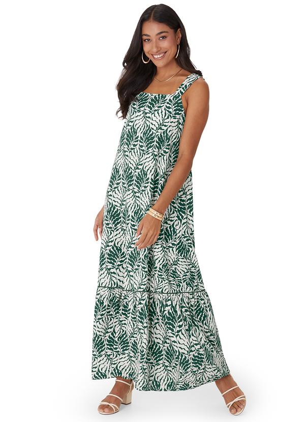 Vestido Longo Amplo Folhagens Verde