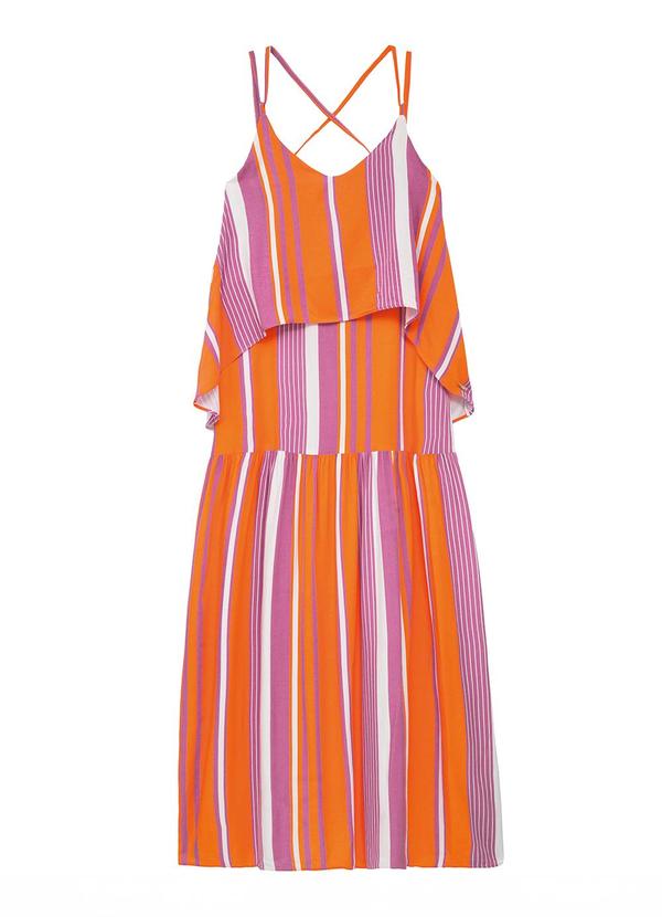 Vestido Longo Amplo Listrado em Viscose Laranja