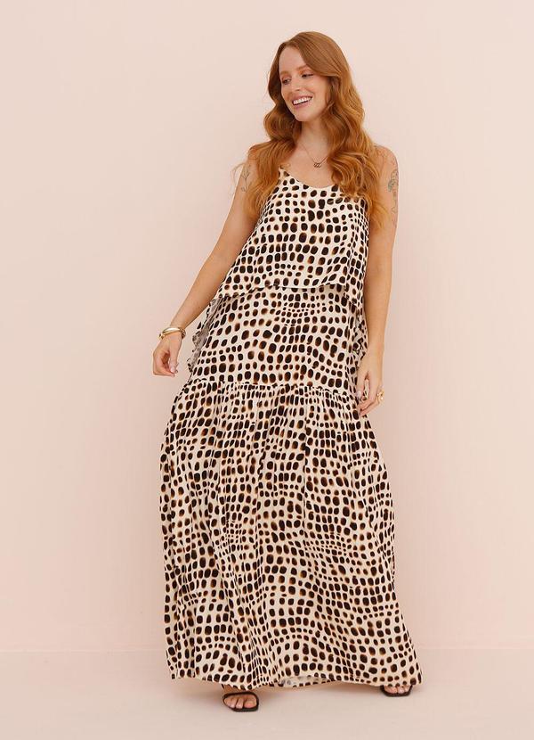 Vestido Longo Animal Print em Viscose Off White