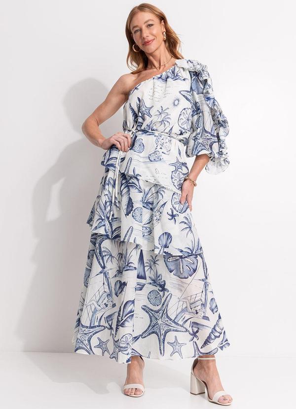 Vista 2 Vestido Longo Babados Mar de Ondas Bege FARM FARM
