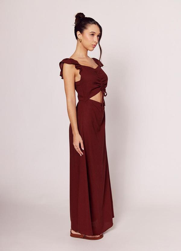 Vestido Longo com Recorte e Amarração Marrom