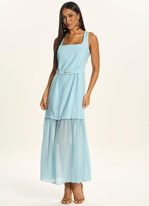 Vestido Longo com Sobreposição em Tule Azul