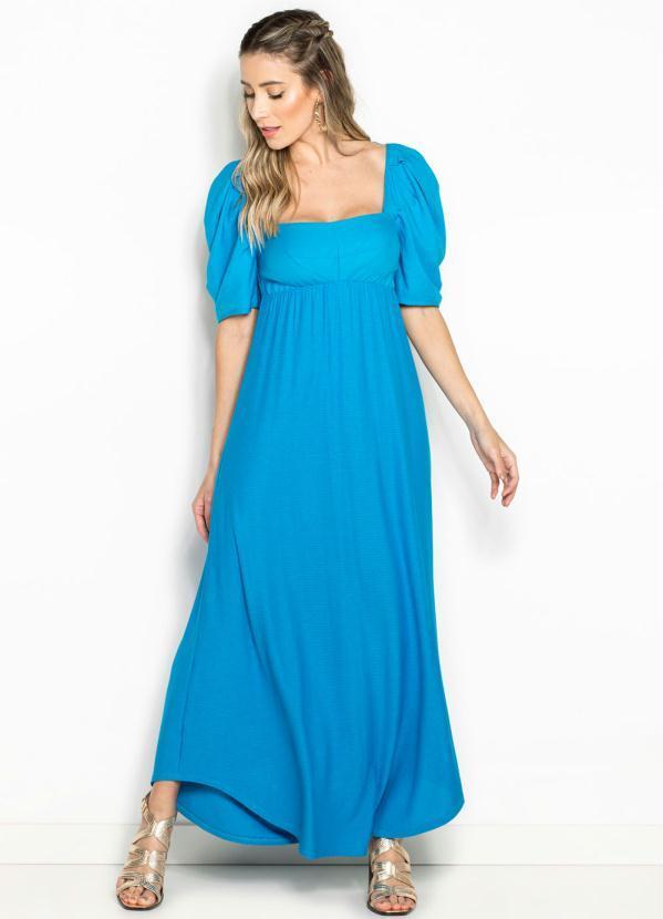 Vestido Longo de Malha Detalhe Linho Azul
