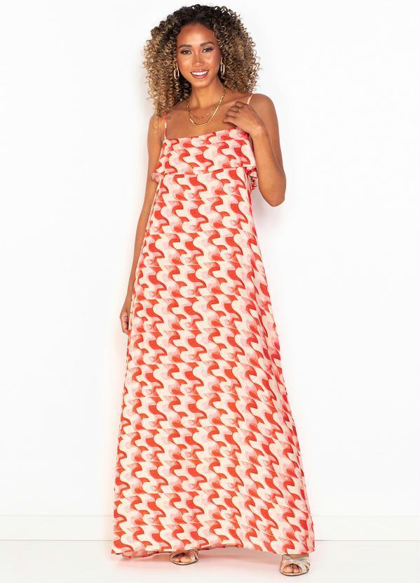 Vestido Longo de Viscose Estampado Bege