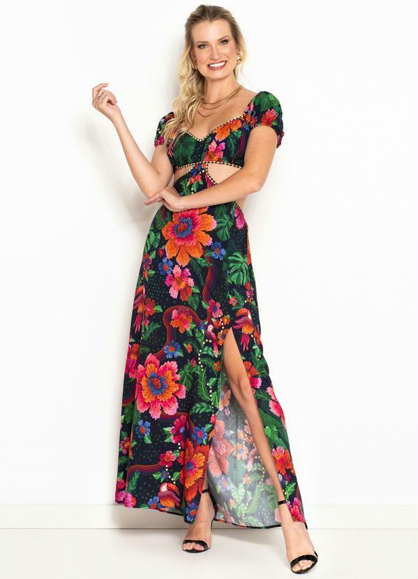 Vestido Longo de Viscose Florescer Preto