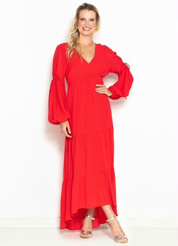 Vista 2 Vestido Longo Decote Franzido em Crepe Vermelho Maria Filó Maria Filó