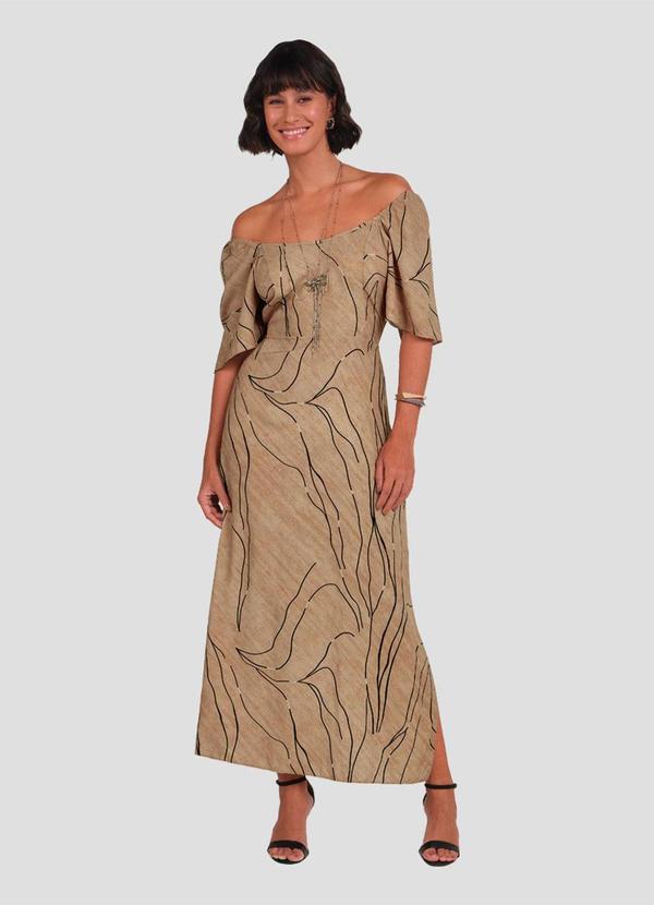 Vestido Longo em Viscose Estampada Marrom