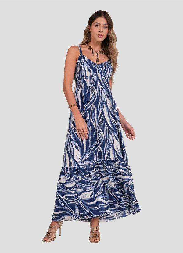 Vestido Longo Estampado com Alça Fina Azul