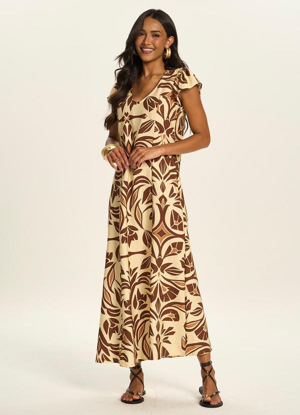Vestido Longo Estampado com Decote U Amarelo