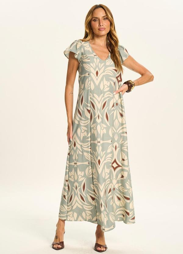 Vestido Longo Estampado com Decote U Verde