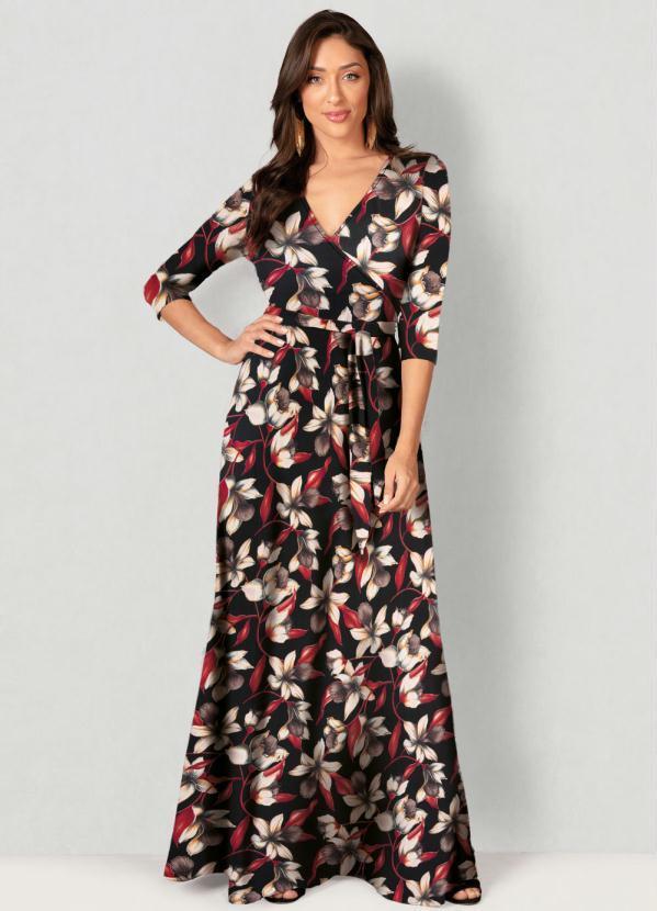 Vestido Longo Estampado Floral Preto
