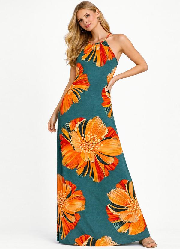 Vestido Longo Estampado sem Manga Azul