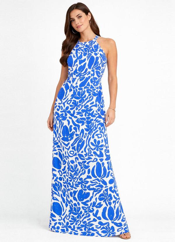 Vestido Longo Estampado sem Manga Azul