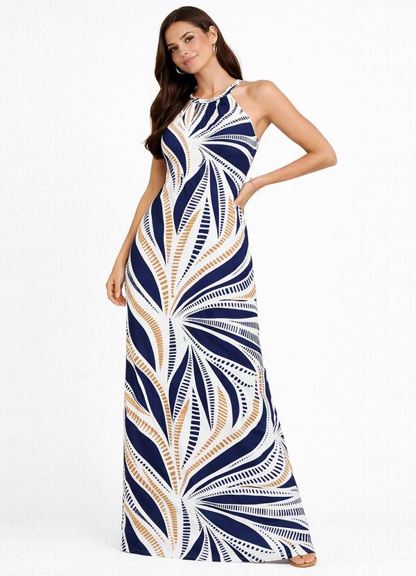 Vestido Longo Estampado sem Manga Bege