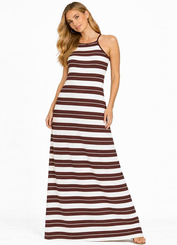 Vestido Longo Estampado sem Manga Marrom