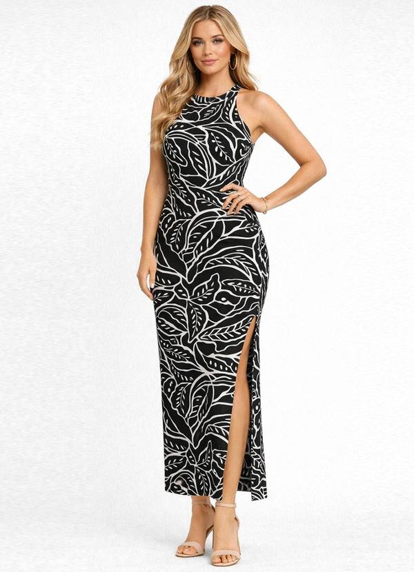 Vestido Longo Estampado sem Manga Preto