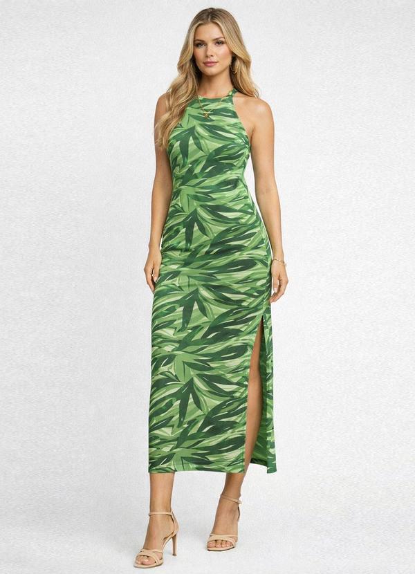 Vestido Longo Estampado sem Manga Verde