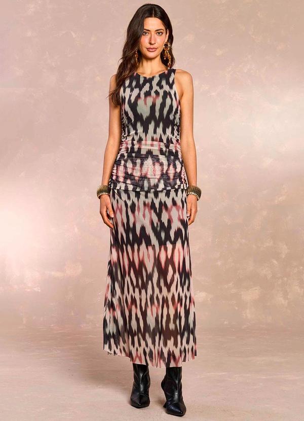 Vestido Longo Ethnic Blur em Tule Estampado