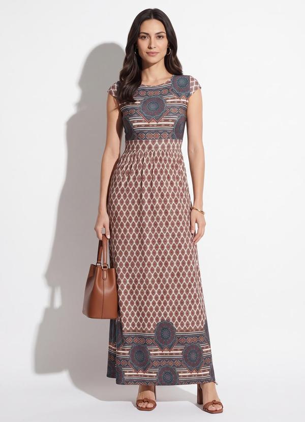 Vestido Longo Étnico e Barrado com Manguinhas