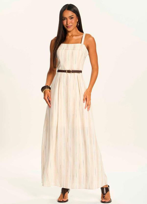 Vestido Longo Evasê em Linho com Cinto Branco