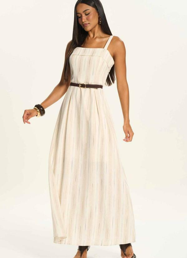 Vestido Longo Evasê em Linho com Cinto Branco