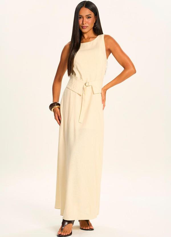 Vestido Longo Evasê em Linho com Faixa Branco