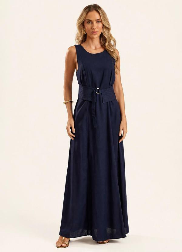 Vestido Longo Evasê em Linho com Faixa Duna Azul