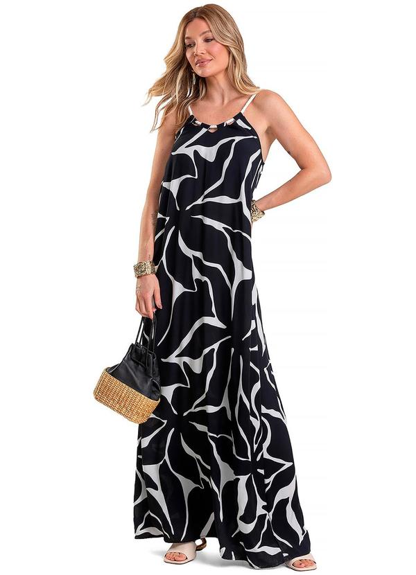 Vestido Longo Feminino em Tecido Estampado Preto
