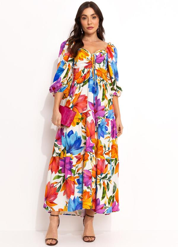 Vista 2 Vestido Longo Floral em Viscolinho Off White FARM FARM
