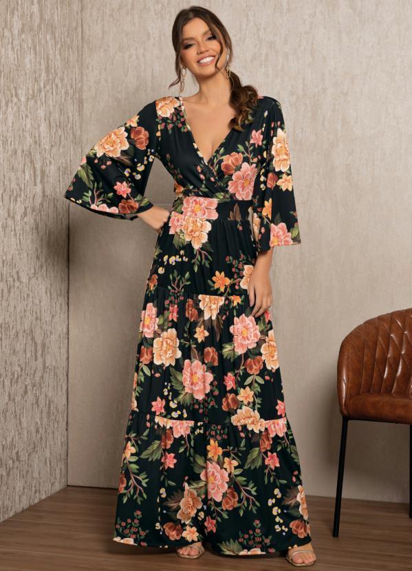 Vestido Longo Floral Laranja