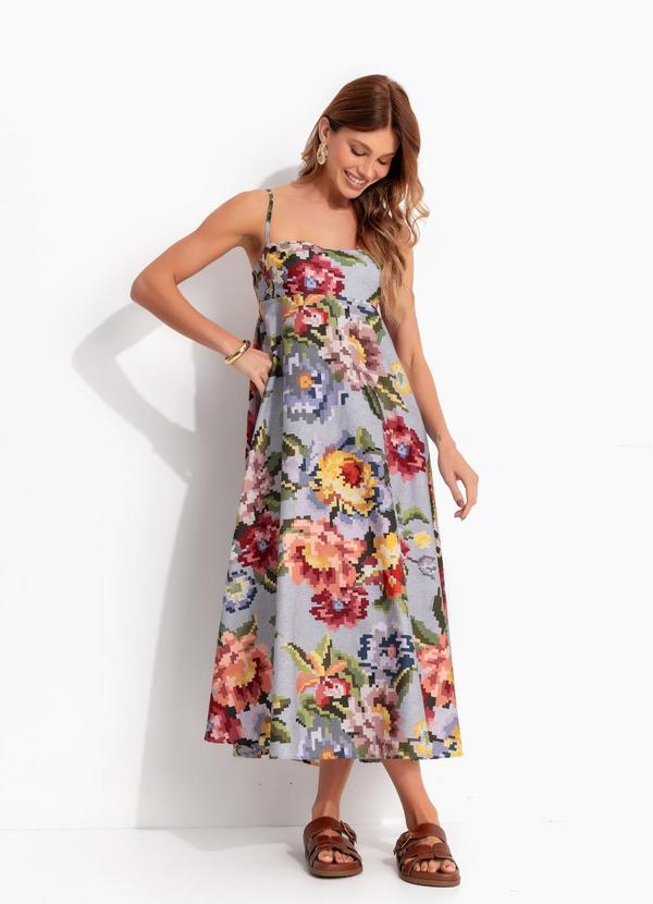 Vestido Longo Floral Mosaico Azul