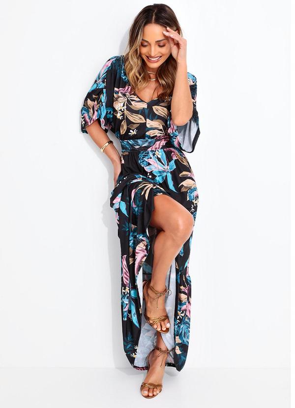 Vestido Longo Floral Preto com Bolsos