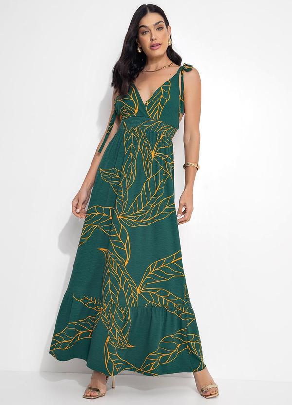 Vestido Longo Folhagem Verde com Alças e Babado
