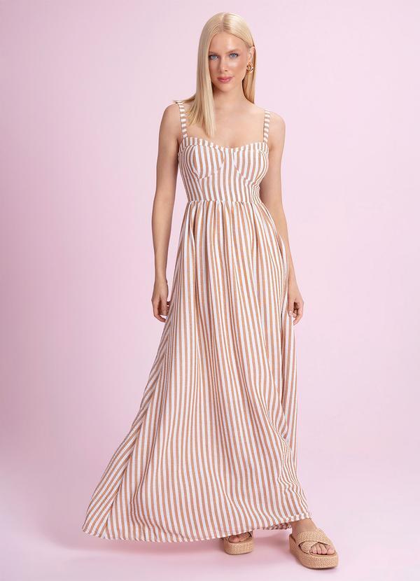 Vestido Longo Listrado Cotton Touch Marrom