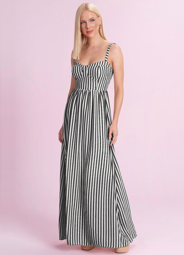 Vestido Longo Listrado Cotton Touch Preto