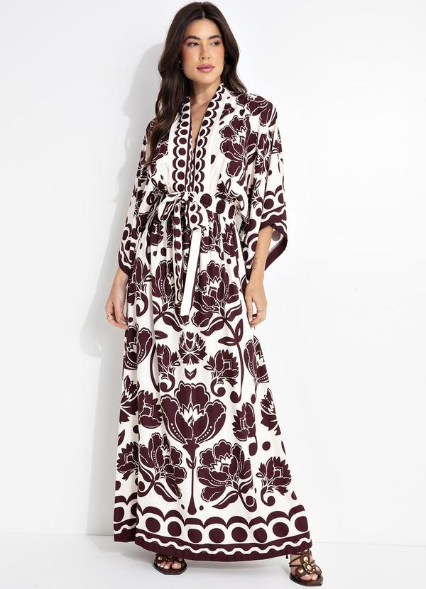 Vista 2 Vestido Longo Manga Floral Arabesque Marrom FARM FARM