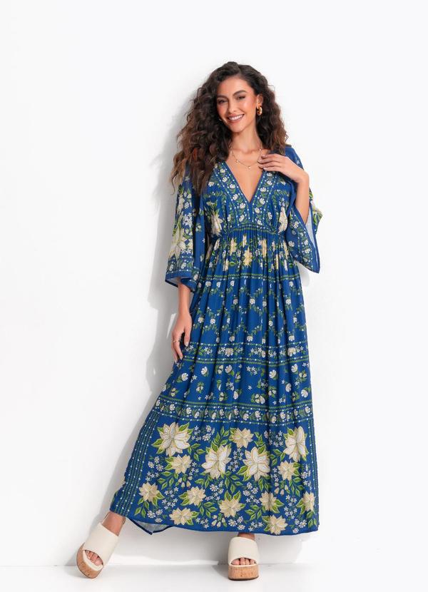 Vestido Longo Manga Jardim de Azaleias Azul