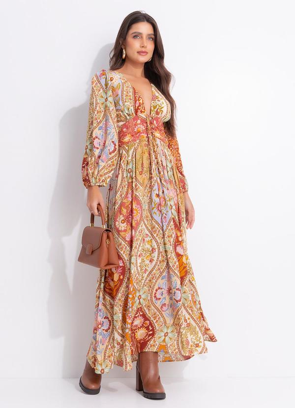 Vestido Longo Manga Natureza Romântica Vermelho