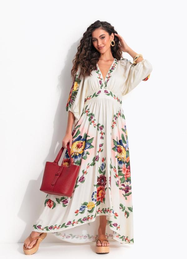 Vestido Longo Manga Tapete de Flor Bege