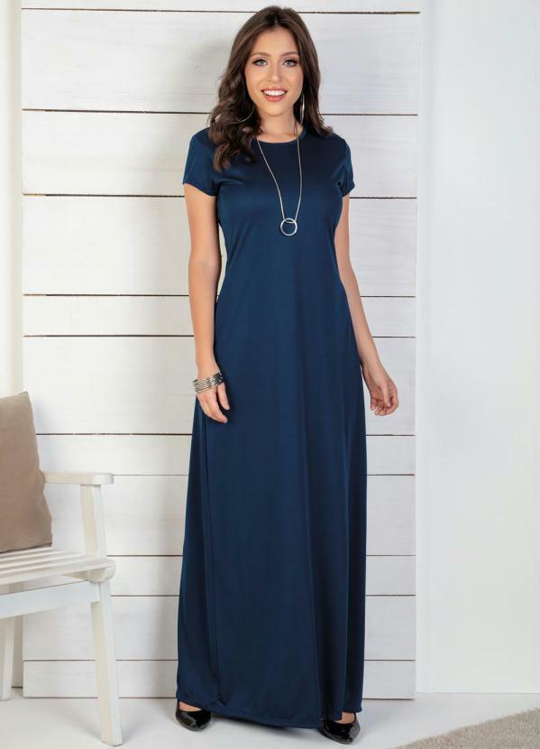 Vestido Longo Marinho com Manga Curta