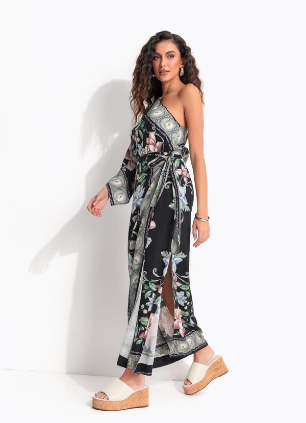 Vestido Longo Ombro Só Flor de Outono Preto