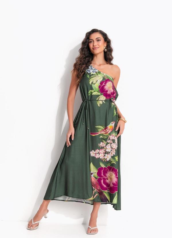 Vestido Longo Ombro Só Flor de Pássaro Verde