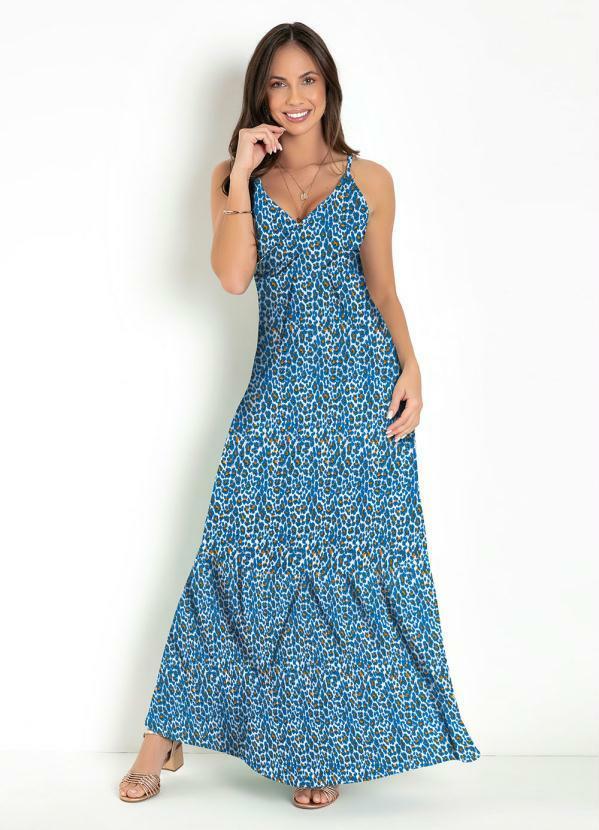 Vista 2 Vestido Longo Onça Azul com Babado na Barra Moda Pop Moda Pop