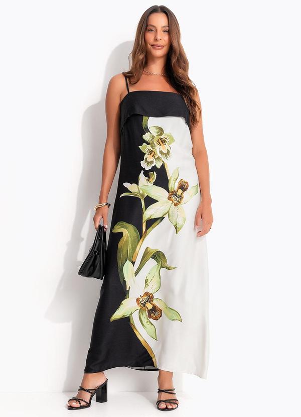 Vestido Longo Pala Floral Orquídea Preto