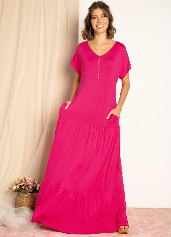 Vestido Longo Pink com Recortes em Camadas