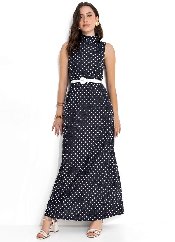 Vestido Longo Poá Preto com Gola Alta