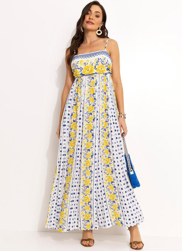 Vestido Longo Pregas em Viscose Off White