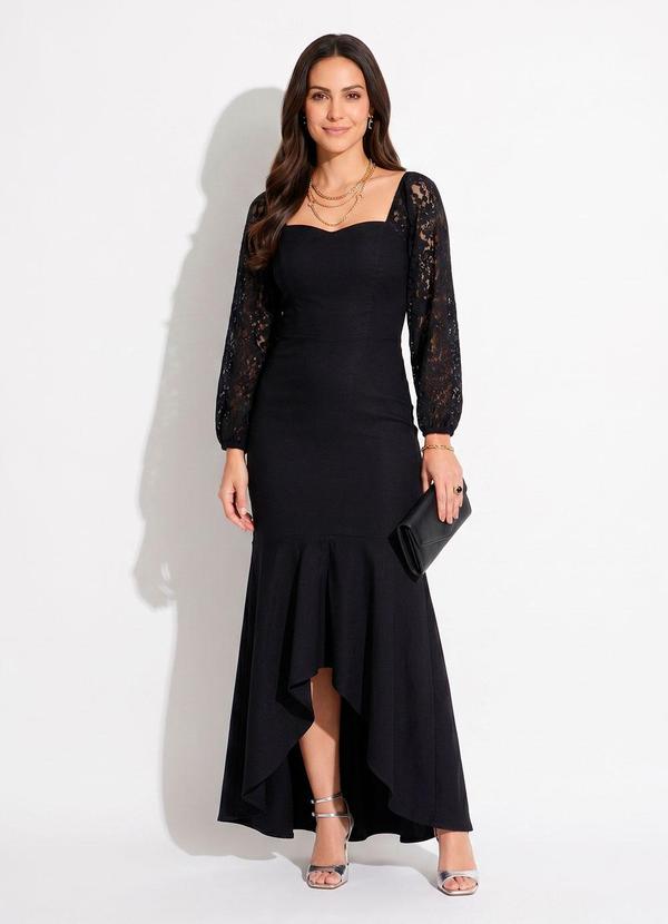 Vista 2 Vestido Longo Preto Mangas em Renda Quintess Quintess